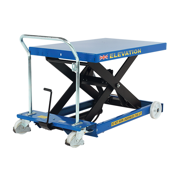 This is an example of a small, blue hydraulic platform lift. 
